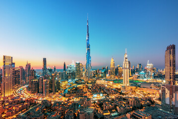 Naklejka premium Dubai downtown, amazing city center skyline with luxury skyscrapers, United Arab Emirates