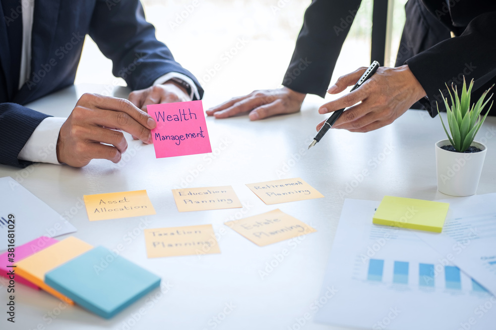 Poster business team executive accounting analyzing and calculation on valuation data investment fund looki