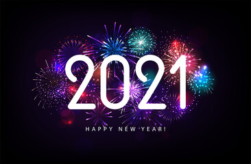 2021 Happy New Year illustration with Fireworks Blue Background. Vector Holiday Design for Premium Greeting Card, Party Invitation.