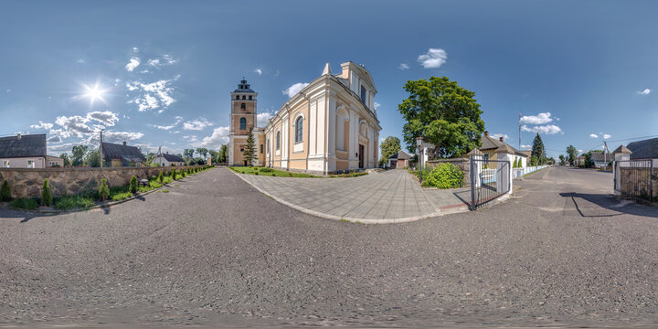Full seamless spherical hdri panorama 360 degrees angle near facade of decorative medieval style architecture baroque church in equirectangular spherical projection with zenith and nadir. vr content