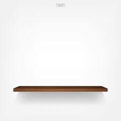 Empty wooden shelf on white background with soft shadow. Vector.