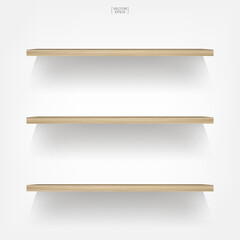 Empty wooden shelf on white background with soft shadow. Vector.