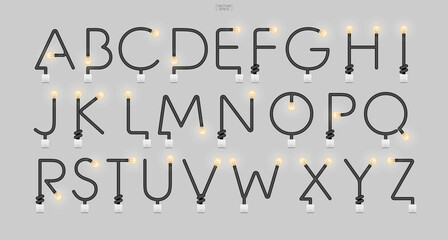 Alphabet letters and numbers in loft style. Abstract alphabet of light bulb and light switch on concrete wall background. Vector.