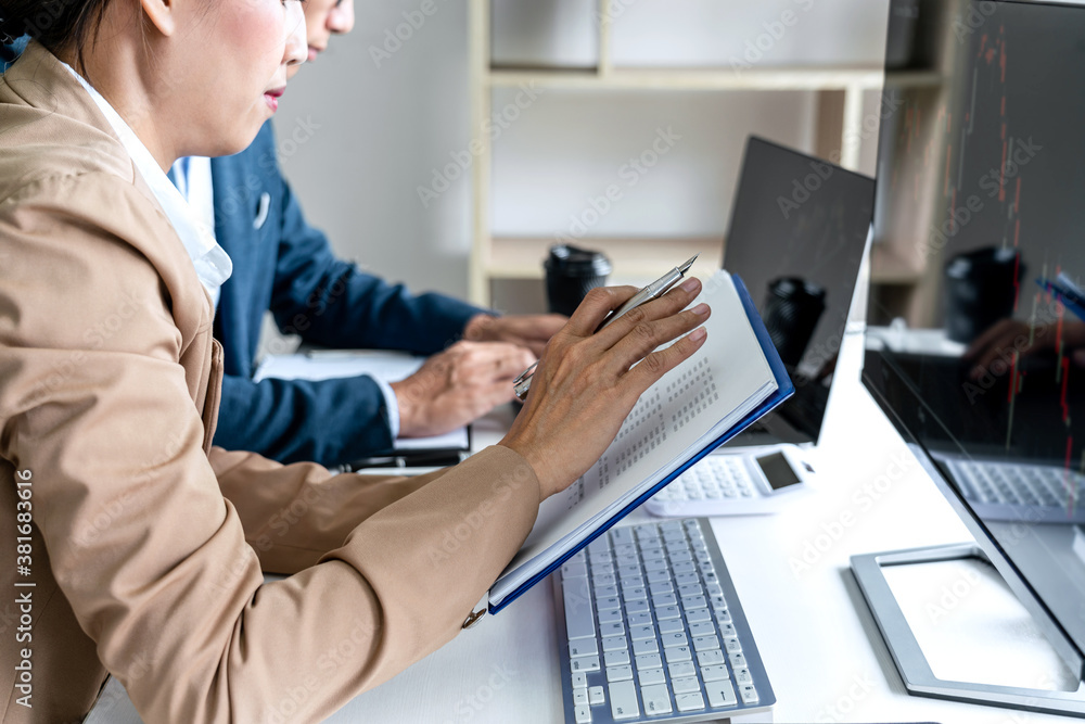 Poster business team partner working with computer, laptop, discussion and analyzing graph stock market tra