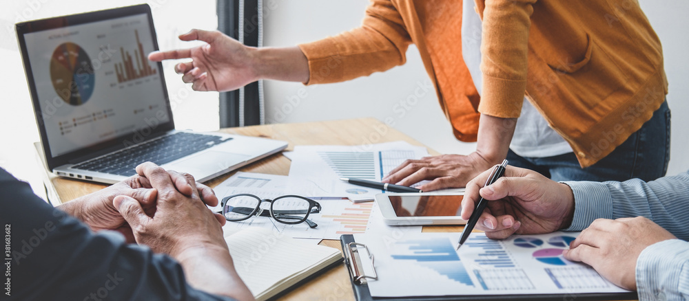 Leinwandbilder Business team collaboration discussing working analyzing with financial data and marketing growth report graph in team, presentation and brainstorming to strategy planning making profit of company