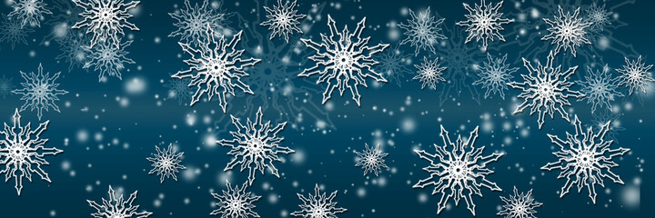 Fototapeta na wymiar Beautiful white silhouettes of snowflakes on a blue background. Festive panoramic banner.