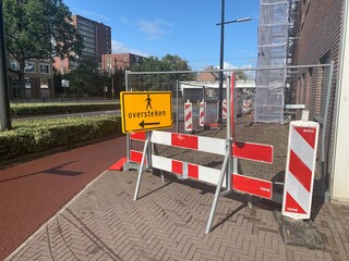 Road work signs at Gasthuisring street. Tilburg, North Brabant / Netherlands 