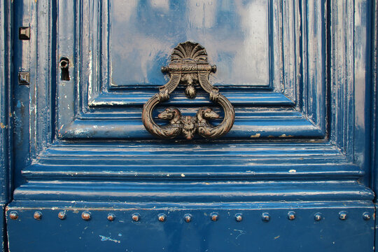 wood door with knocker in paris (france)