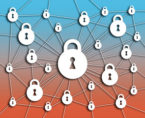 Cyber security graphic with padlocks in white isolated on a blue red background