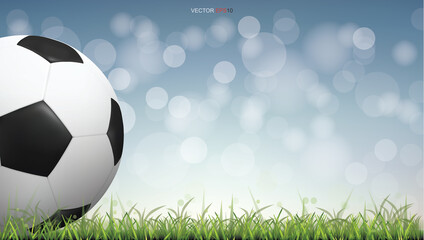 Soccer football ball on green grass field with light blurred bokeh background. Vector.