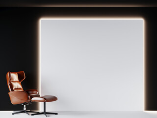 Black room with brown leather armchair and large white board. 3D rendering