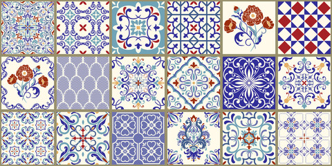 Collection of 18 ceramic tiles in turkish style. Seamless colorful patchwork from Azulejo tiles. Portuguese and Spain decor. Islam, Arabic, Indian, Ottoman motif. Vector Hand drawn background - 381685085