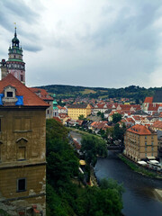 view of the town of cesky krumlov from a hill, in Czech Republic