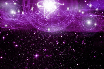 horoscope with zodiac and planets symbols over purple universe background with stars like astrology...