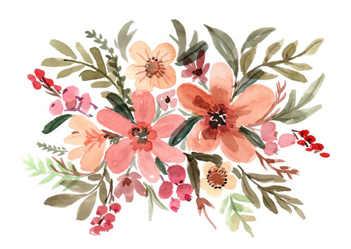 Watercolor Floral Bouquet Terracotta Brown and Red Vector
