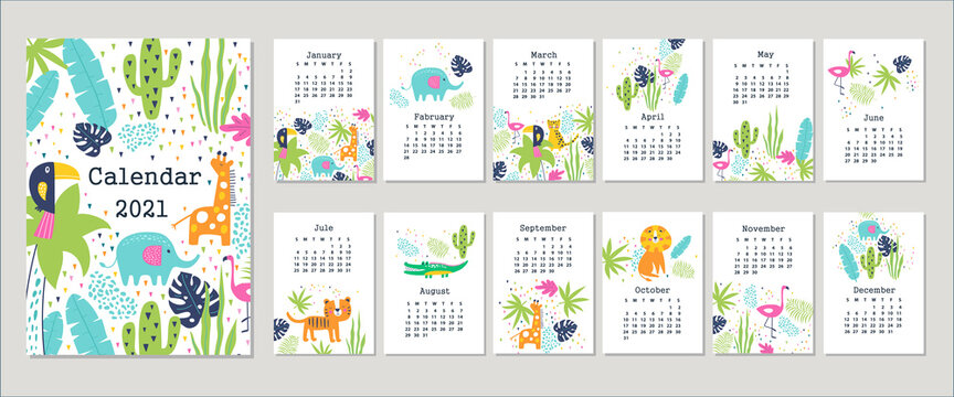 Calendar 2021 with cute cats. Hand drawn vector illustration
