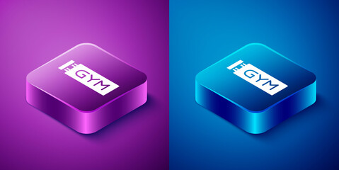 Isometric Location gym icon isolated on blue and purple background. Square button. Vector.