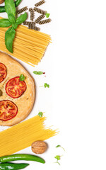 Various pasta, focaccia, olive oil, pepper, basil and spices on a white background top view. Free space for text. Italian food, Mediterranean cuisine concept. Food background. Copy space.
