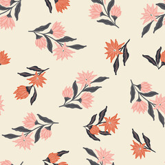 Fototapeta na wymiar Wild dahlia in two colors seamless vector pattern. Flower branches tossed around in all directions. Pink, orange, grey on off white. Great for home décor, fabric, wallpaper, stationery, design project