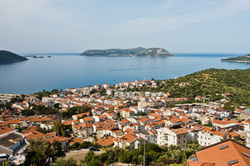 Panorama of city and bay with surrounding landscape at morning, Kas, Turkey