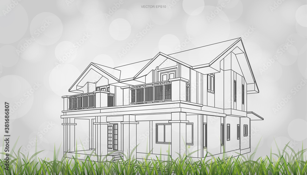 Poster conceptual image of house perspective render. 3d wireframe rendering with light blurred bokeh backgr