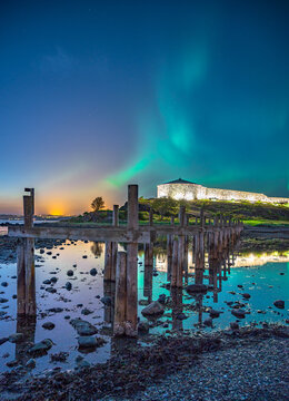 Northern lights over Steinvikholmen, Stjordal, Norway. Aurora Borealis