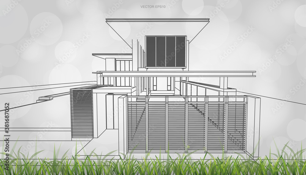 Poster conceptual image of house perspective render. 3d wireframe rendering with light blurred bokeh backgr