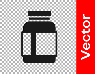 Black Sports nutrition bodybuilding proteine power drink and food icon isolated on transparent background. Vector.