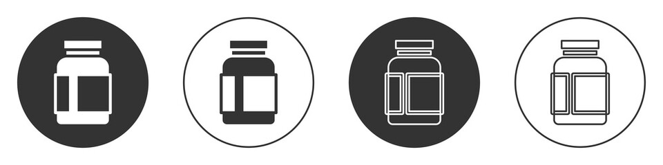 Black Sports nutrition bodybuilding proteine power drink and food icon isolated on white background. Circle button. Vector.
