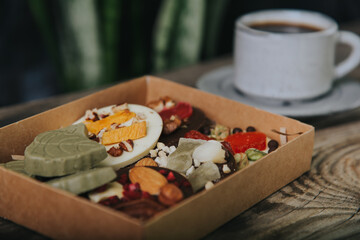 Chocolates with dried fruits in a craft box and a cup of espresso coffee.