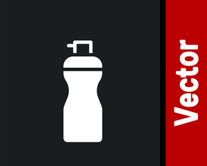 White Fitness shaker icon isolated on black background. Sports shaker bottle with lid for water and protein cocktails. Vector.