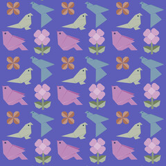 bird, flower and leaf pattern origami background