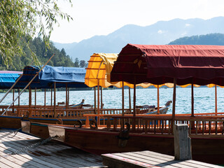 Beautiful wooden boat on famous Bled Lake in Slovenia. Bled Lake, known for its castle and island, is popular travel destination.