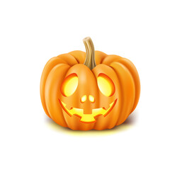 Realistic Halloween pumpkin on white background, happy face, scary monster. Vector illustration.