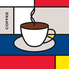 Coffee cup with smoke. Modern style art with rectangular colour blocks. Piet Mondrian style pattern.