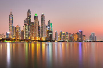 Fototapeta na wymiar Amazing and Luxury Dubai Marina - famous Jumeirah beach at sunrise, United Arab Emirates 