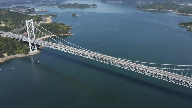 Shimanamikaido Bridge in Hiroshima, Japan. Aerial Pan Shot