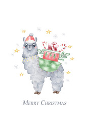 Watercolor christmas lama with gifts, stars and snowflakes