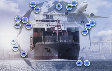 Double exposure world map on Logistics and transportation Container Cargo ship with tugboat in the ocean, Freight Transportation, Shipping and communication.