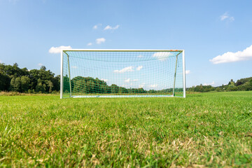 Focus on green grass of a football field with blurry goal in the background.