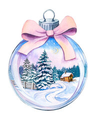 Christmas toy ball with a pink bow, inside a winter landscape, watercolor handmade.