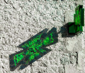 Simbolo croce di farmacia con riflesso verde su muro - sanit&agrave; pubblica