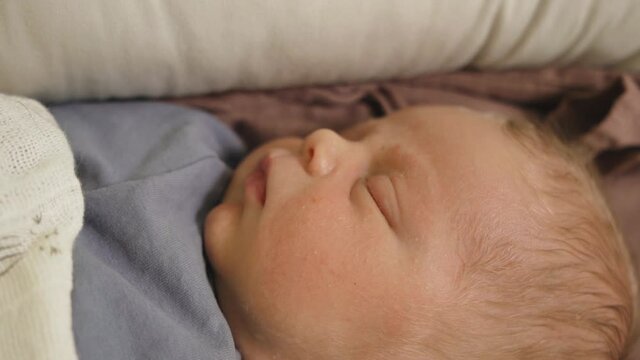 New born european baby sleeping eyes moving when dreaming tight close up