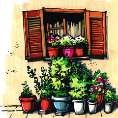 large flower pots around the window outside