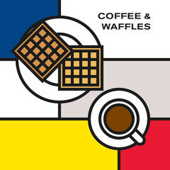 Coffee cup with two square waffles. Modern style art with rectangular colour blocks. Piet Mondrian style pattern.