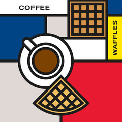 Coffee cup with two waffles. Modern style art with rectangular colour blocks. Piet Mondrian style pattern.