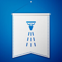 Blue Fire sprinkler system icon isolated on blue background. Sprinkler, fire extinguisher solid icon. White pennant template. Vector.