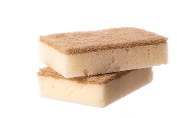 Organic eco-friendly sponges for washing dishes isolated on white background. Dual-sided scrubbing...