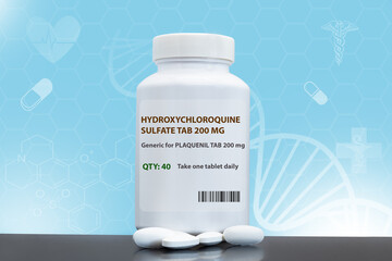Bottle of generic hydroxychloroquine sulphate tablets 200 mg (artistic rendering).  Generic barcode...