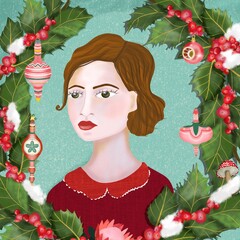 illustration with a girl in a Christmas background.